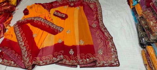 Peela Handwork Bandhej Saree with Jaipuri Print - Image 2