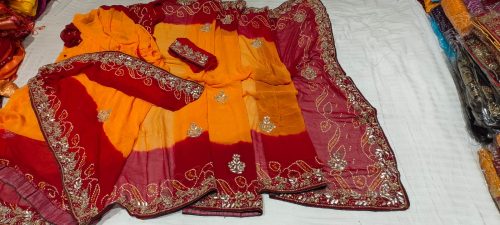 Peela Handwork Bandhej Saree with Jaipuri Print - Image 4