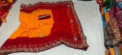 Peela Handwork Bandhej Saree with Jaipuri Print - Image 6