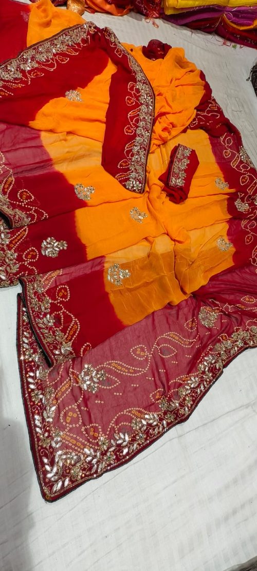 Peela Handwork Bandhej Saree with Jaipuri Print