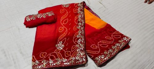 Peela Handwork Bandhej Saree with Jaipuri Print - Image 3