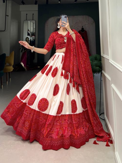 Silk Bandhej Lehenga Choli with Dupatta for Women