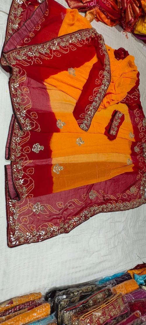 Peela Handwork Bandhej Saree with Jaipuri Print - Image 2