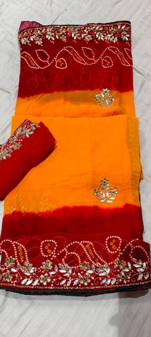 Peela Handwork Bandhej Saree with Jaipuri Print - Image 7