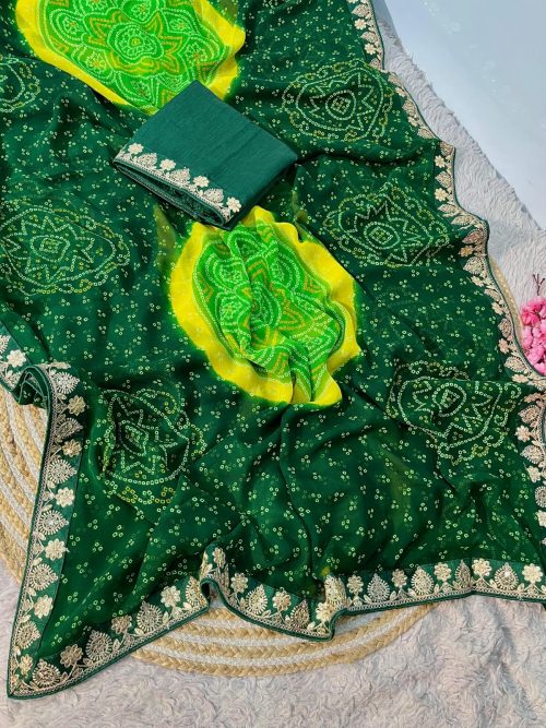 Green Georgette Saree with Intricate Gota Sequence and Lace Detailing.