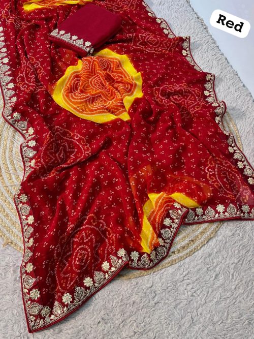 Red Georgette Saree with Gota Sequence Work and Lace Border.