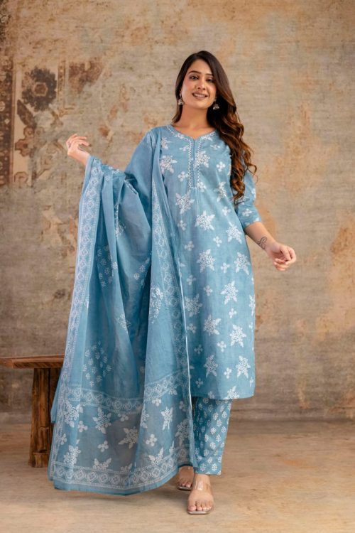 Sky blue cotton kurti set with white floral embroidery, matching pants and dupatta