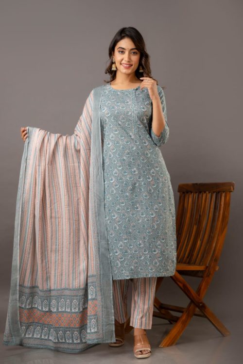 Women’s blue Cotton Kurti Set
