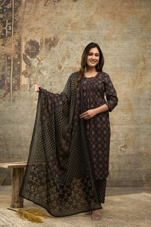 Women’s black cotton kurti set with dupatta – ethnic wear for casual and festive occasions (M to XXL)
