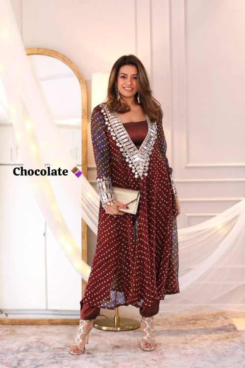 choclate brown Anarkali Kurti Set for Women with Mirror Work