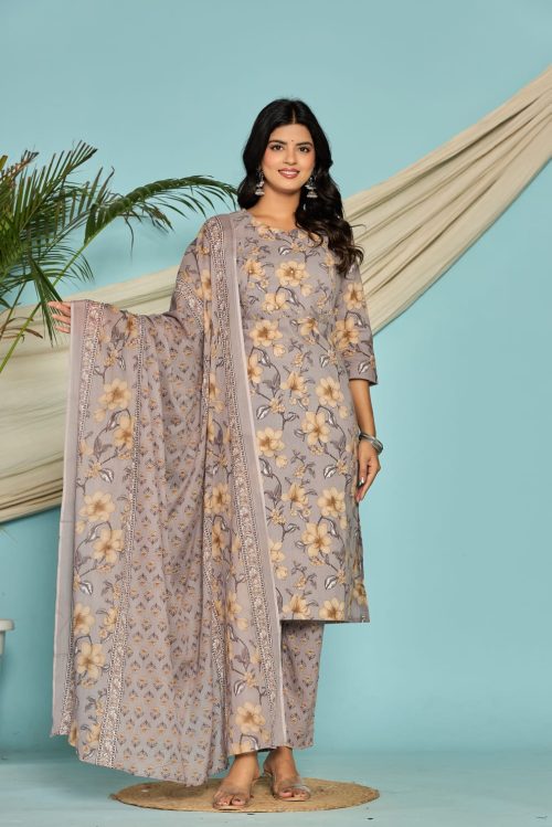 Women’s Grey Cotton Kurti Set with Dupatta – Floral Print Daily & Office Wear