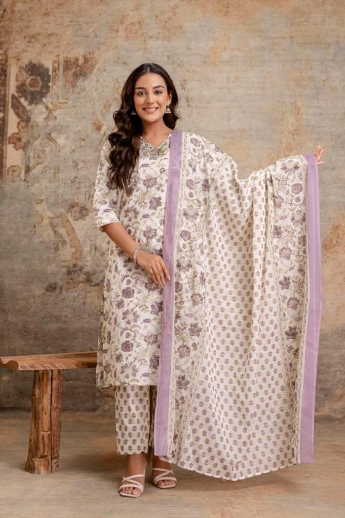 Lavender cotton kurtis for women with Dupatta – Women’s Floral Ethnic Wear (M to XXL)