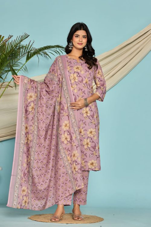 Women’s Lavender Cotton Kurti Set with Dupatta – Floral Print Ethnic Wear