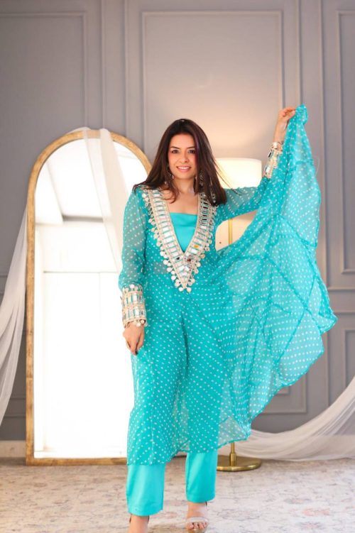 light blue Anarkali Kurti Set for Women with Mirror Work