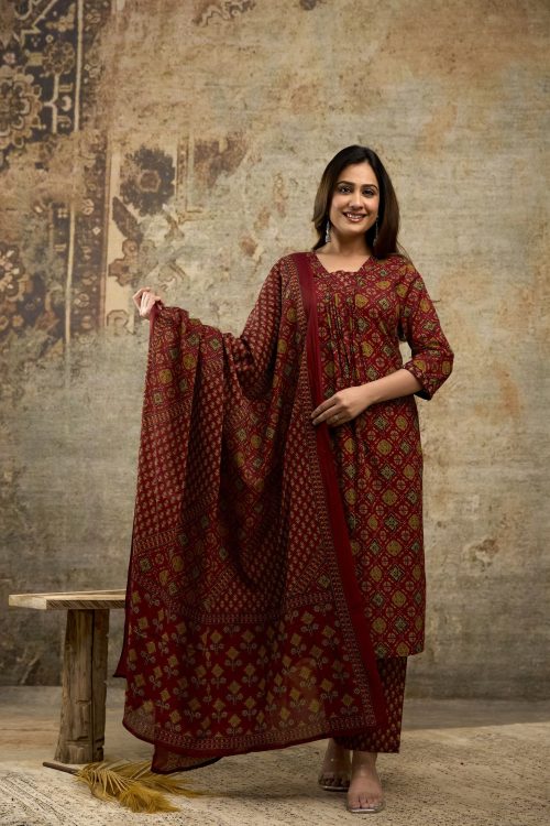 Women’s maroon cotton kurti set with dupatta – ethnic wear for casual and festive occasions (M to XXL)