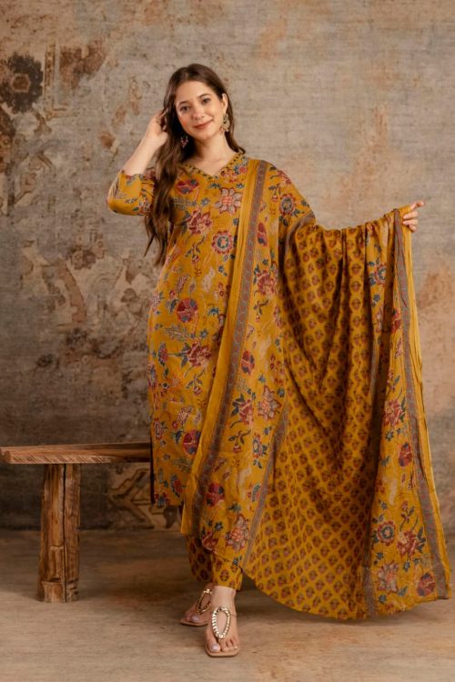 cotton mustard-yellow kurti set for women
