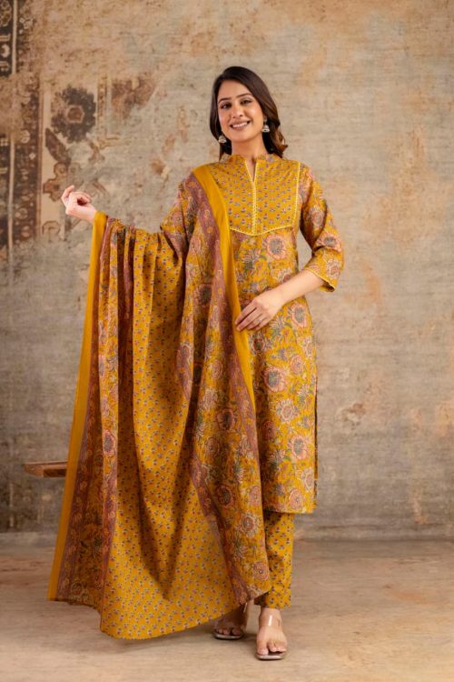 mustard yellow cotton kurti set with printed dupatta for