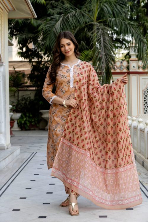 Women’s Orange Cotton Kurti Set with Dupatta – Floral Print