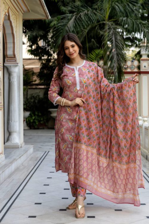 Women’s Pink Cotton Kurti Set with Dupatta – Floral Print