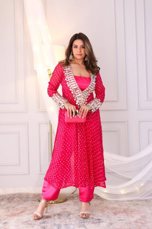 pink Anarkali Kurti Set for Women with Mirror Work