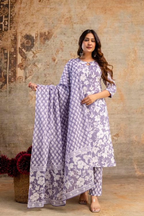 Purple cotton kurti set with white floral print and dupatta for women