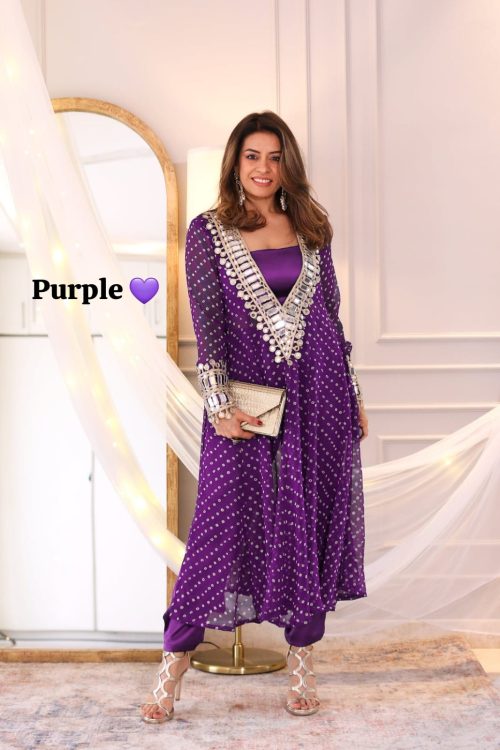 purple Anarkali Kurti Set for Women with Mirror Work