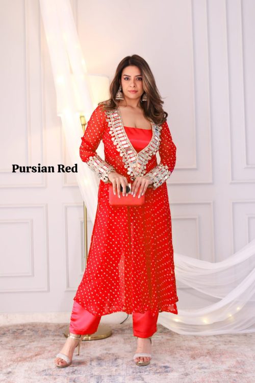 red Anarkali Kurti Set for Women with Mirror Work