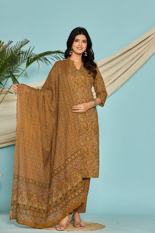 Mustard yellow cotton kurti set with printed dupatta for women