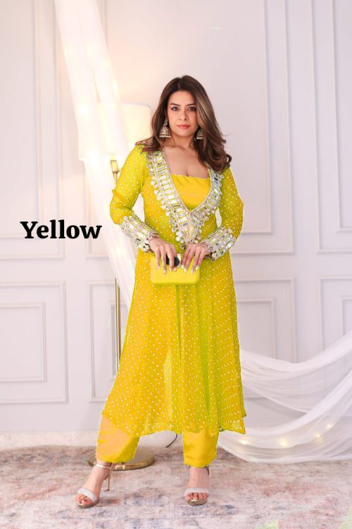yellow Anarkali Kurti Set for Women with Mirror Work