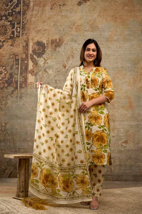Mustard-Yellow cotton kurti set for Women's