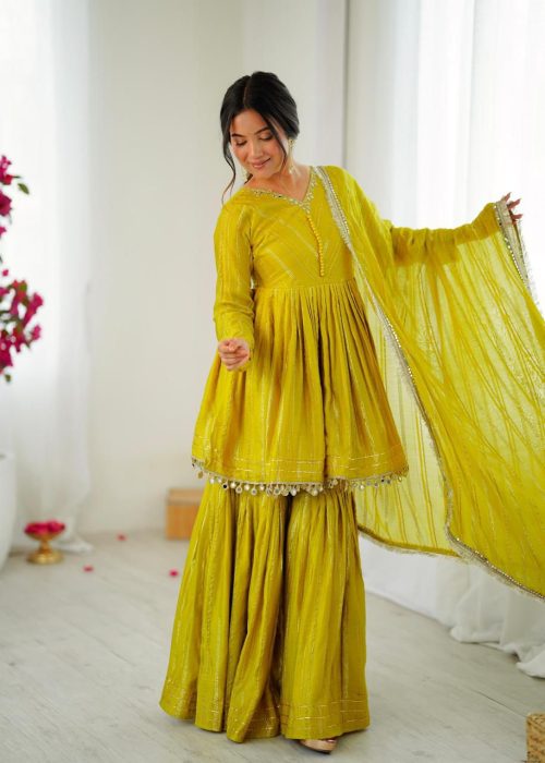 Designer Mal Chanderi Mirror Work Sharara Set for Women