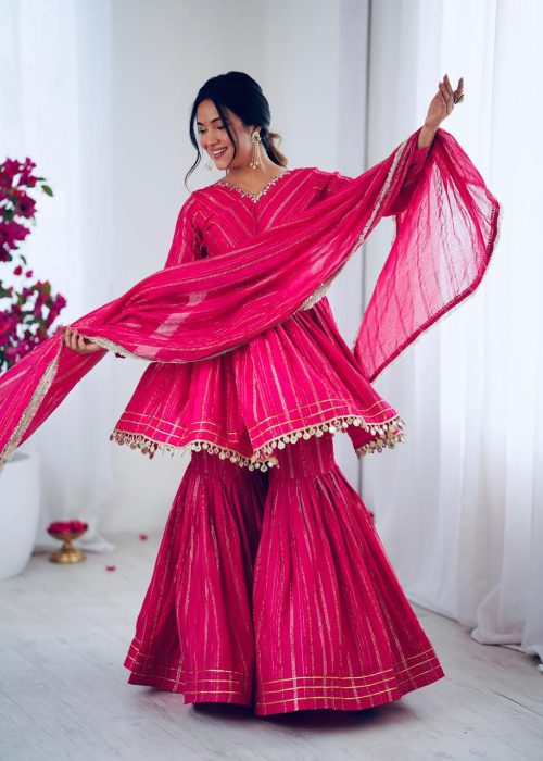 Designer Mal Chanderi Mirror Work pink Sharara Set for Women