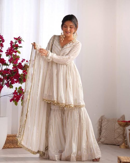 Designer Mal Chanderi Mirror Work white Sharara Set for Women