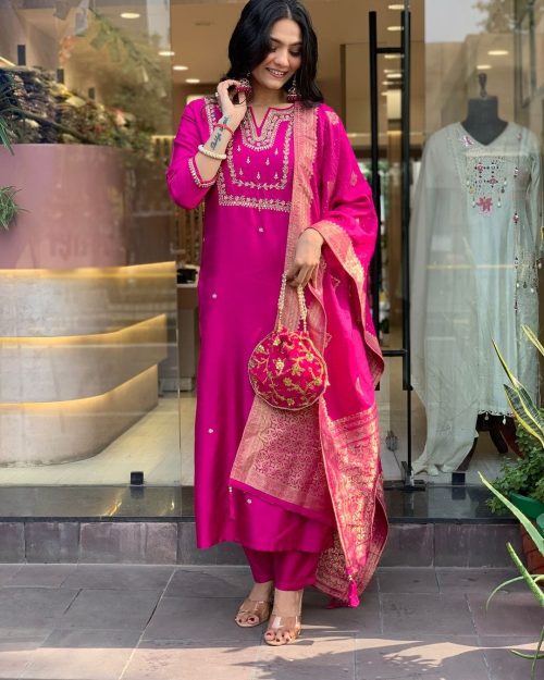 Rayon Kurti Set with Pant & Dupatta Pink