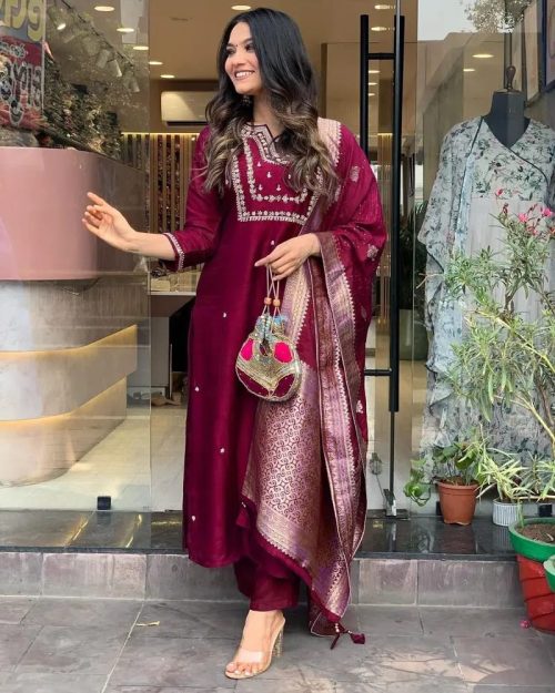 Rayon Kurti Set with Pant & Dupatta Wine