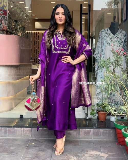 Rayon Kurti Set with Pant & Dupatta for Women in Purple