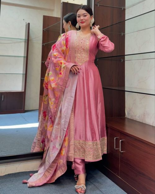 Silk Anarkali Kurti Pant Dupatta Set with Banarasi Dupatta