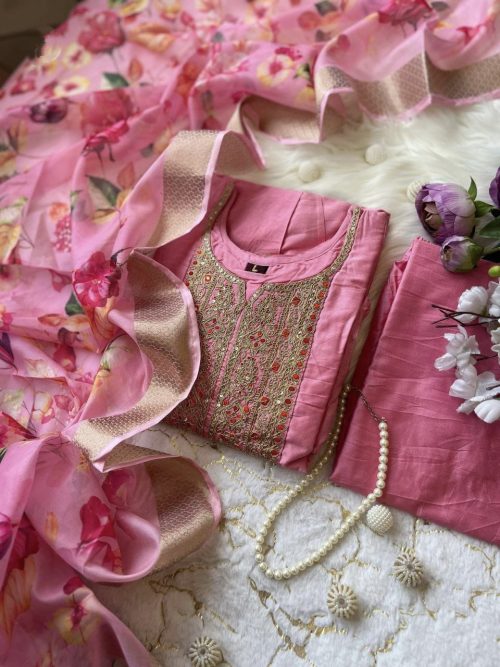 Silk Anarkali Kurti Pant Dupatta Set with Banarasi Dupatta