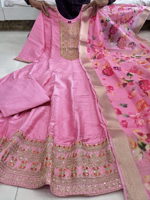 Silk Anarkali Kurti Pant Dupatta Set with Banarasi Dupatta here