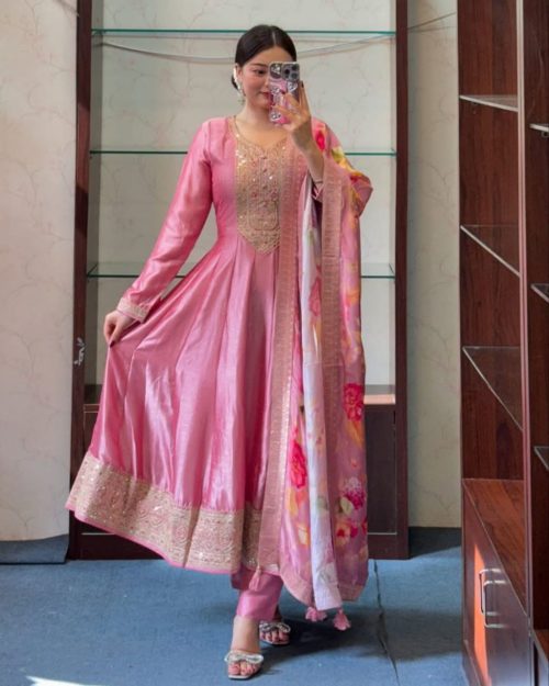Silk Anarkali Kurti Pant Dupatta Set with Banarasi Dupatta