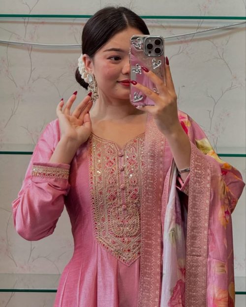 Silk Anarkali Kurti Pant Dupatta Set with Banarasi Dupatta here