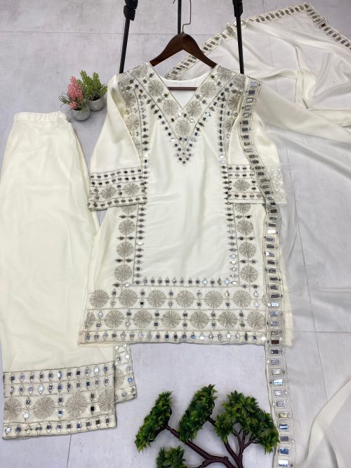 white Georgette Palazzo Suit with Mirror Work